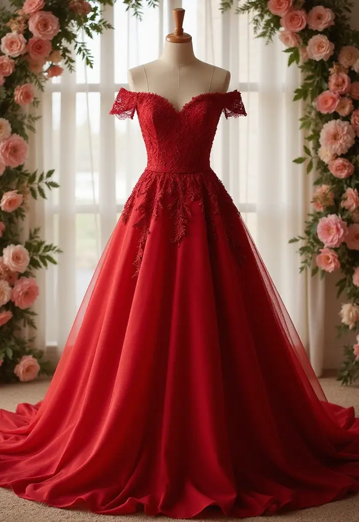 18 Bold Red Wedding Gowns That Will Turn Heads on Your Big Day! - 12. Off-the-Shoulder Styles