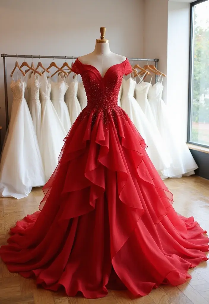 18 Bold Red Wedding Gowns That Will Turn Heads on Your Big Day! - 16. Modern Ruffles