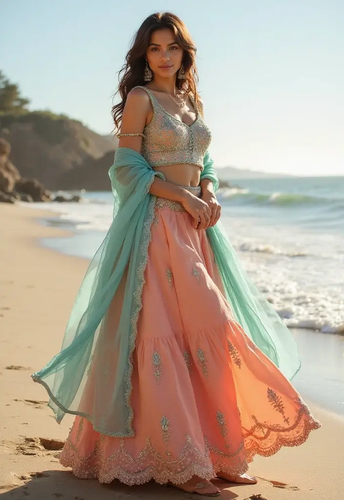 21 Pastel Lehenga Styles with Stunning Contrast Colors to Inspire Your Wedding Wardrobe! - 10. Soft Coral and Teal