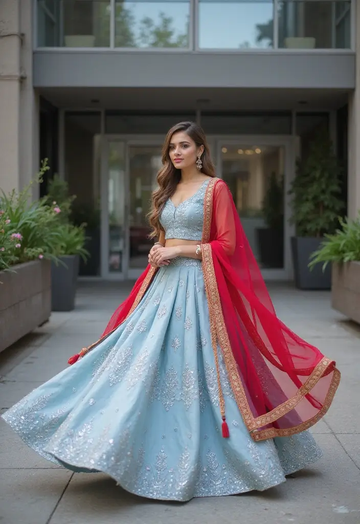 21 Pastel Lehenga Styles with Stunning Contrast Colors to Inspire Your Wedding Wardrobe! - 11. Powder Blue and Cherry Red