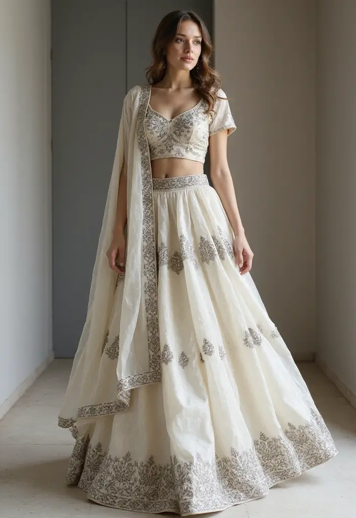21 Pastel Lehenga Styles with Stunning Contrast Colors to Inspire Your Wedding Wardrobe! - 13. Creamy White and Charcoal Grey