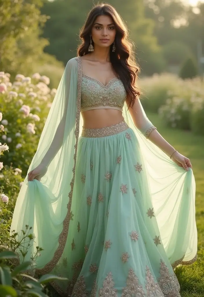21 Pastel Lehenga Styles with Stunning Contrast Colors to Inspire Your Wedding Wardrobe! - 15. Pale Mint and Warm Taupe