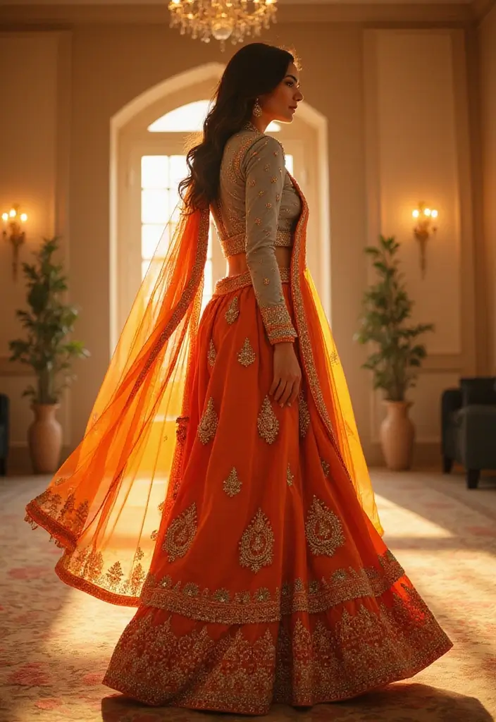 21 Pastel Lehenga Styles with Stunning Contrast Colors to Inspire Your Wedding Wardrobe! - 16. Sunset Orange and Soft Grey