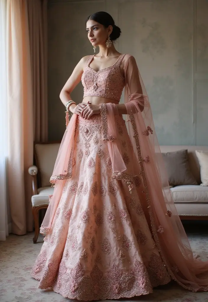 21 Pastel Lehenga Styles with Stunning Contrast Colors to Inspire Your Wedding Wardrobe! - 18. Soft Rose and Deep Plum