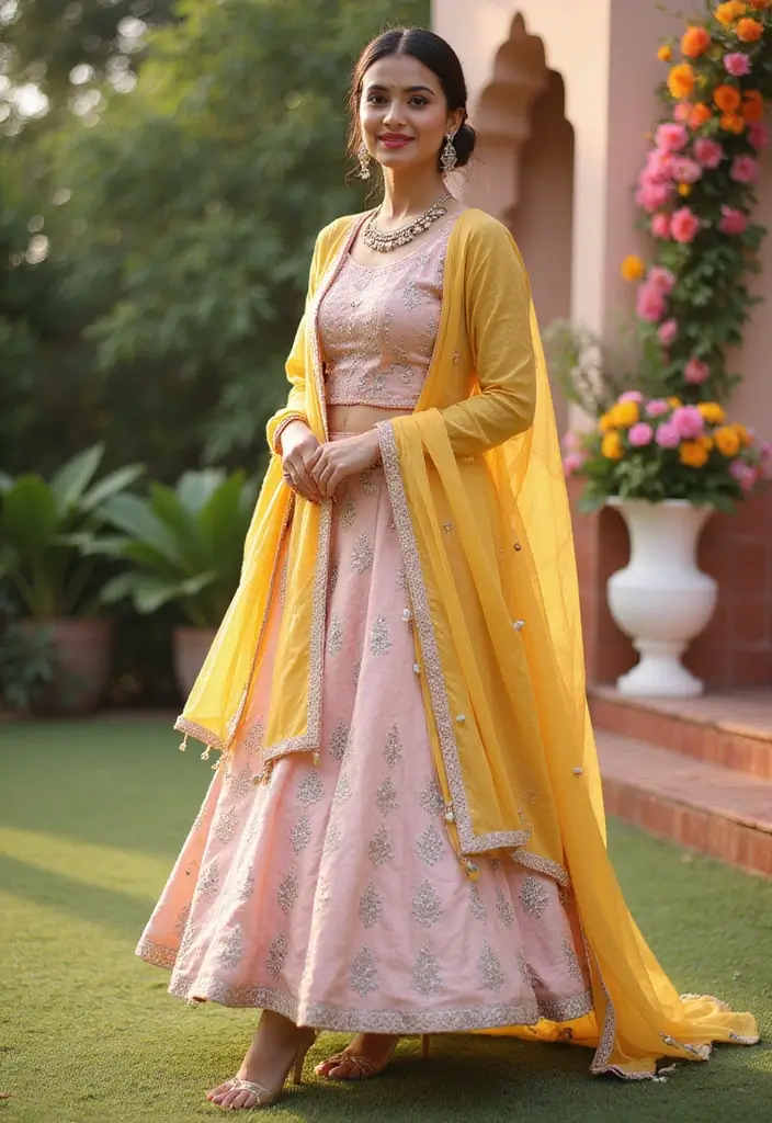 21 Pastel Lehenga Styles with Stunning Contrast Colors to Inspire Your Wedding Wardrobe! - 19. Powder Pink and Bright Mustard