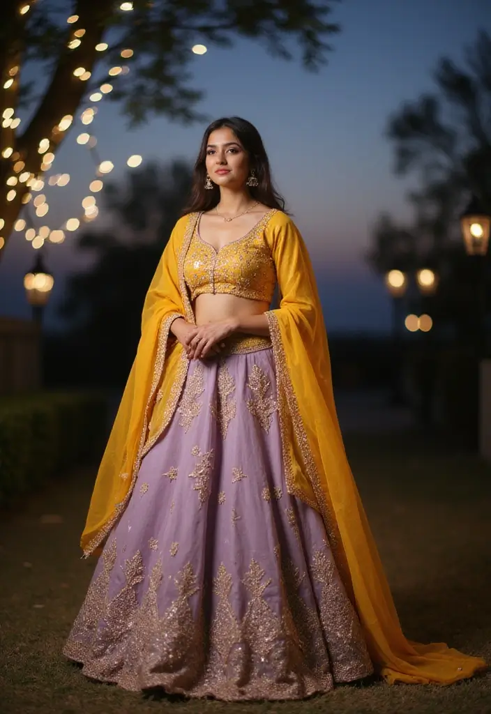 21 Pastel Lehenga Styles with Stunning Contrast Colors to Inspire Your Wedding Wardrobe! - 2. Lavender with Golden Yellow