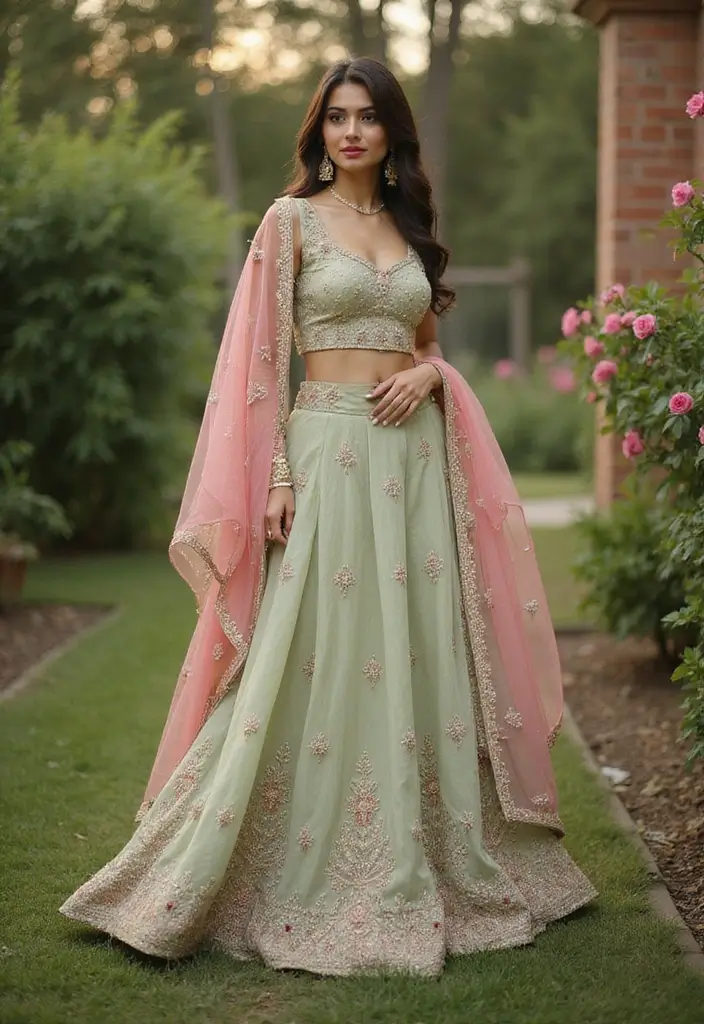 21 Pastel Lehenga Styles with Stunning Contrast Colors to Inspire Your Wedding Wardrobe! - 20. Light Olive and Raspberry