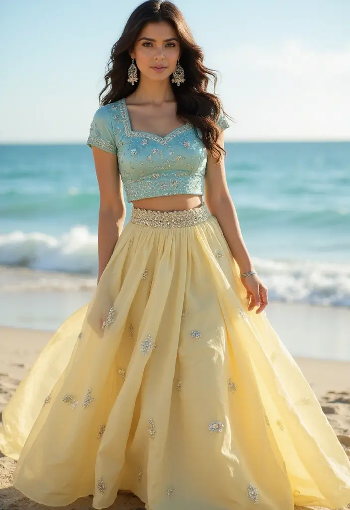 21 Pastel Lehenga Styles with Stunning Contrast Colors to Inspire Your Wedding Wardrobe! - 21. Pale Yellow and Ocean Blue