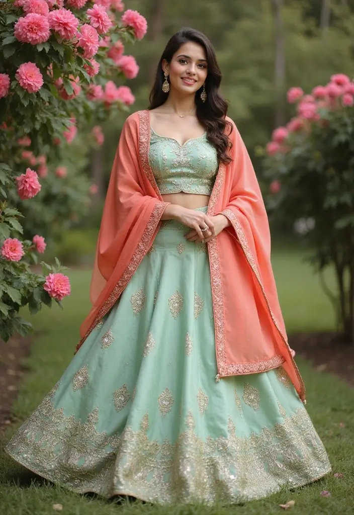 21 Pastel Lehenga Styles with Stunning Contrast Colors to Inspire Your Wedding Wardrobe! - 3. Mint Green and Coral