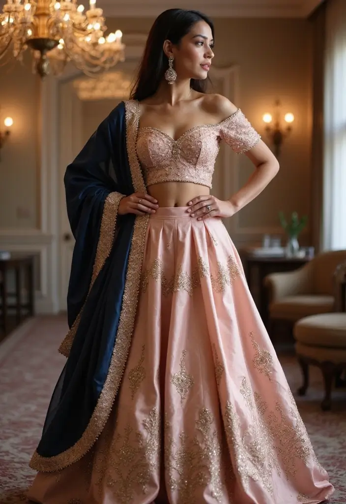 21 Pastel Lehenga Styles with Stunning Contrast Colors to Inspire Your Wedding Wardrobe! - 4. Blush Pink and Deep Navy