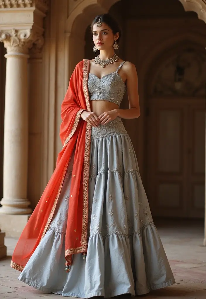 21 Pastel Lehenga Styles with Stunning Contrast Colors to Inspire Your Wedding Wardrobe! - 5. Soft Grey and Fiery Red