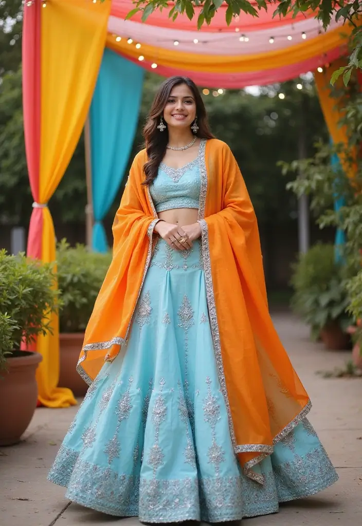 21 Pastel Lehenga Styles with Stunning Contrast Colors to Inspire Your Wedding Wardrobe! - 6. Baby Blue and Bright Orange