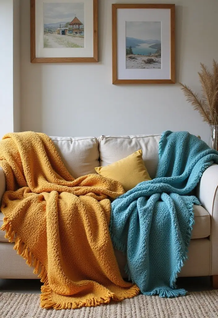 25 Cozy Living Room Ideas That'll Make You Want to Curl Up with a Book! (Don't Miss #9!) - 25. Use Colorful Throws for Warmth